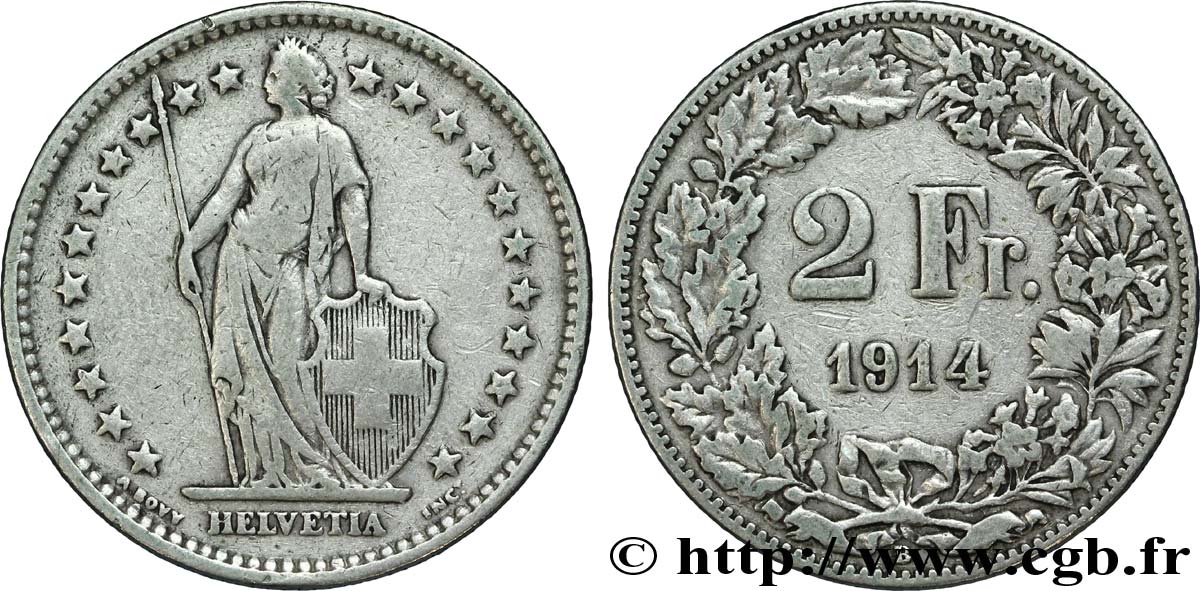 SWITZERLAND 2 Francs Helvetia 1914 Berne - B XF 