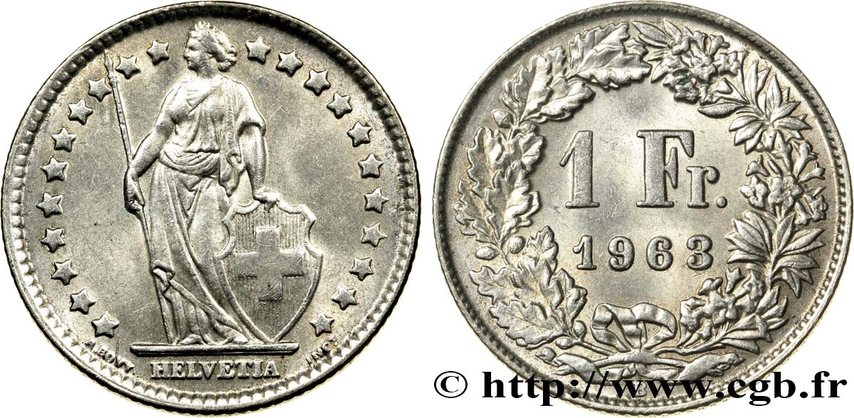 SUIZA 1 Franc Helvetia 1963 Berne - B EBC 