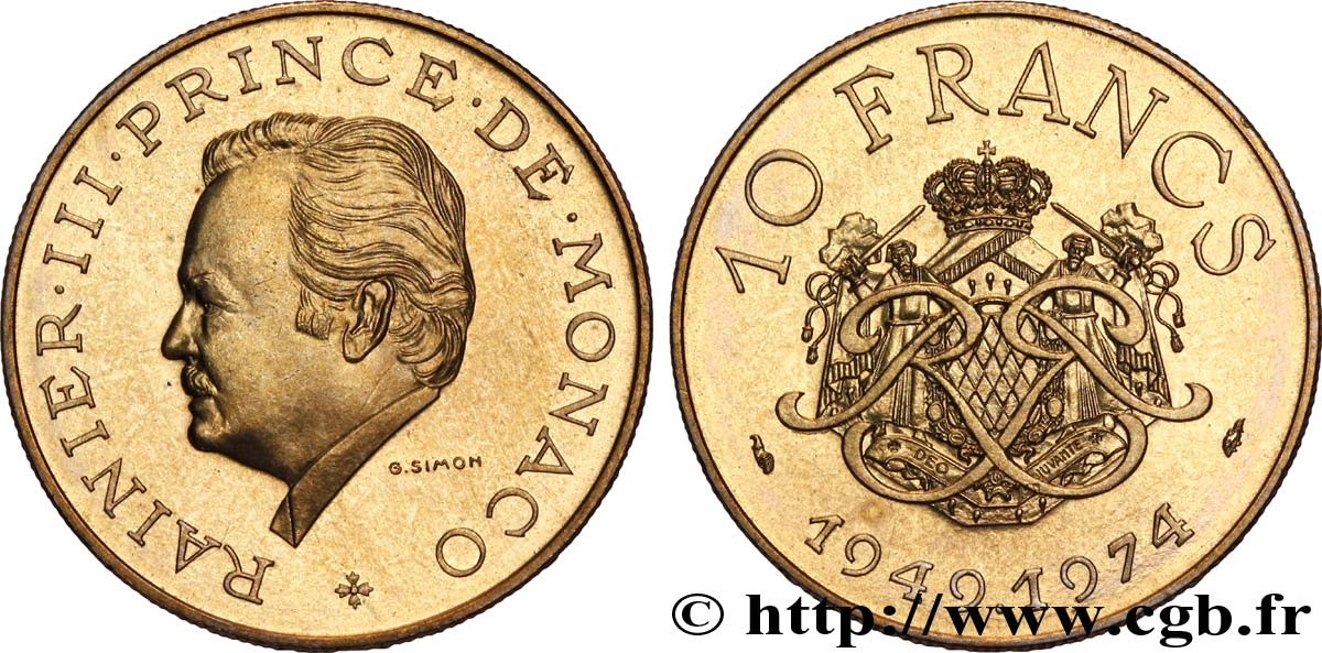 MONACO 10 Francs 25e anniversaire du règne de Rainier III 1974 Paris ST 