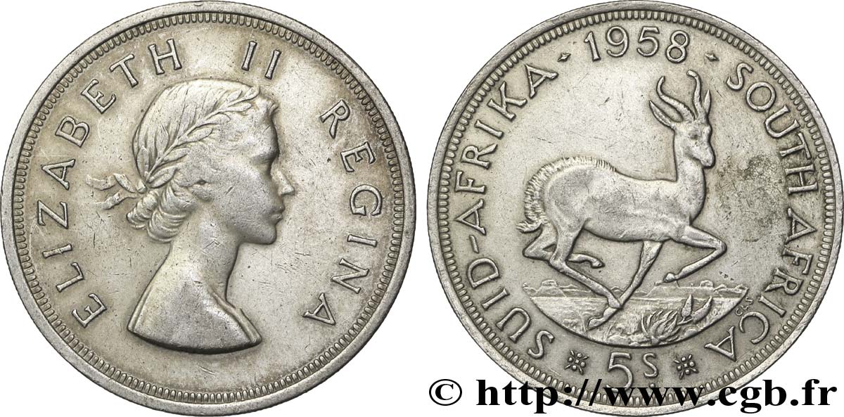 SUDAFRICA 5 Shillings Elisabeth II / springbok 1958 Pretoria BB 