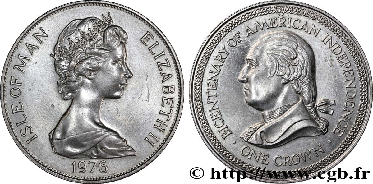 ÎLE DE MAN 1 Crown bicentenaire de la l’Indépendance américaine : Elisabeth II / Georges Washington 1976  SUP 