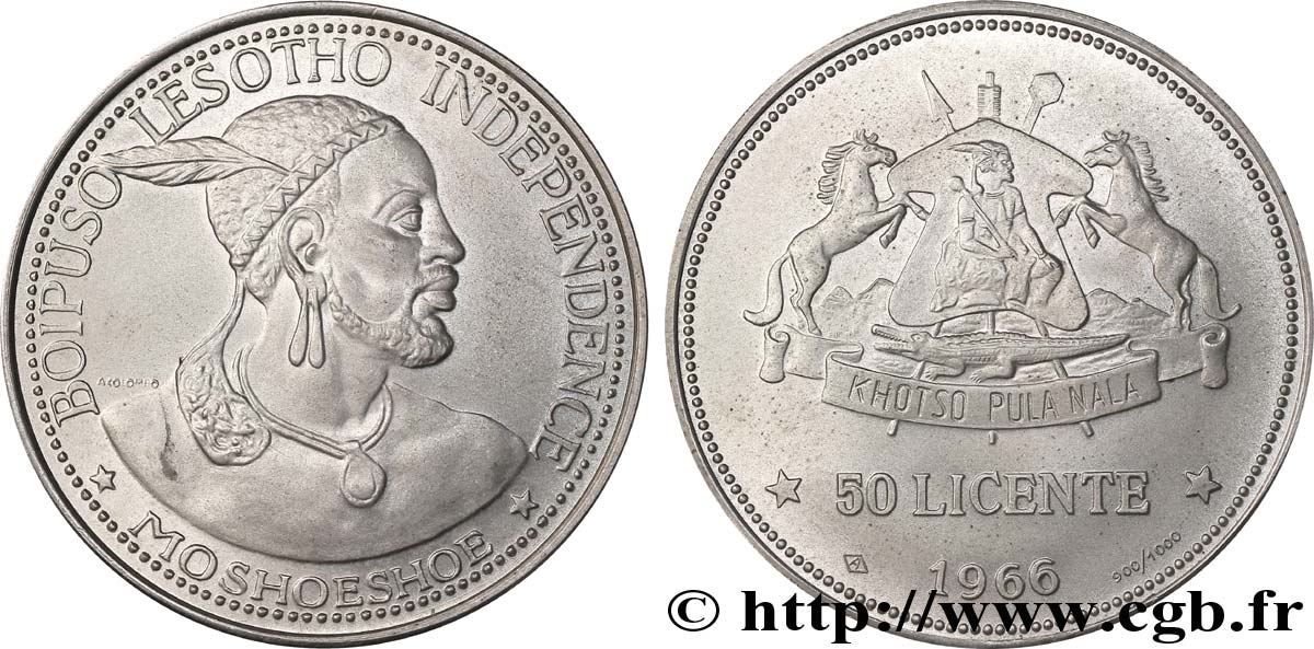 LESOTHO 50 Licente (Lisente) roi Moshoeshoe / emblème 1966  MS 