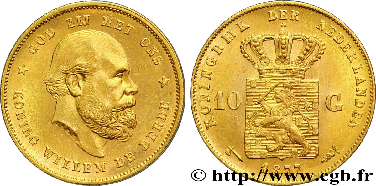 NETHERLANDS 10 Gulden or Guillaume III, 2e type 1877 Utrecht MS 