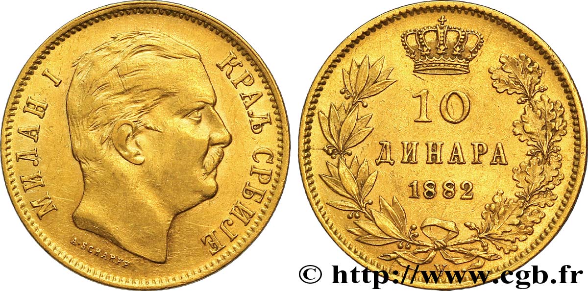 SERBIA 10 Dinara or  Royaume de Serbie : Milan IV Obrenovic 1882 Vienne - V MBC+ 