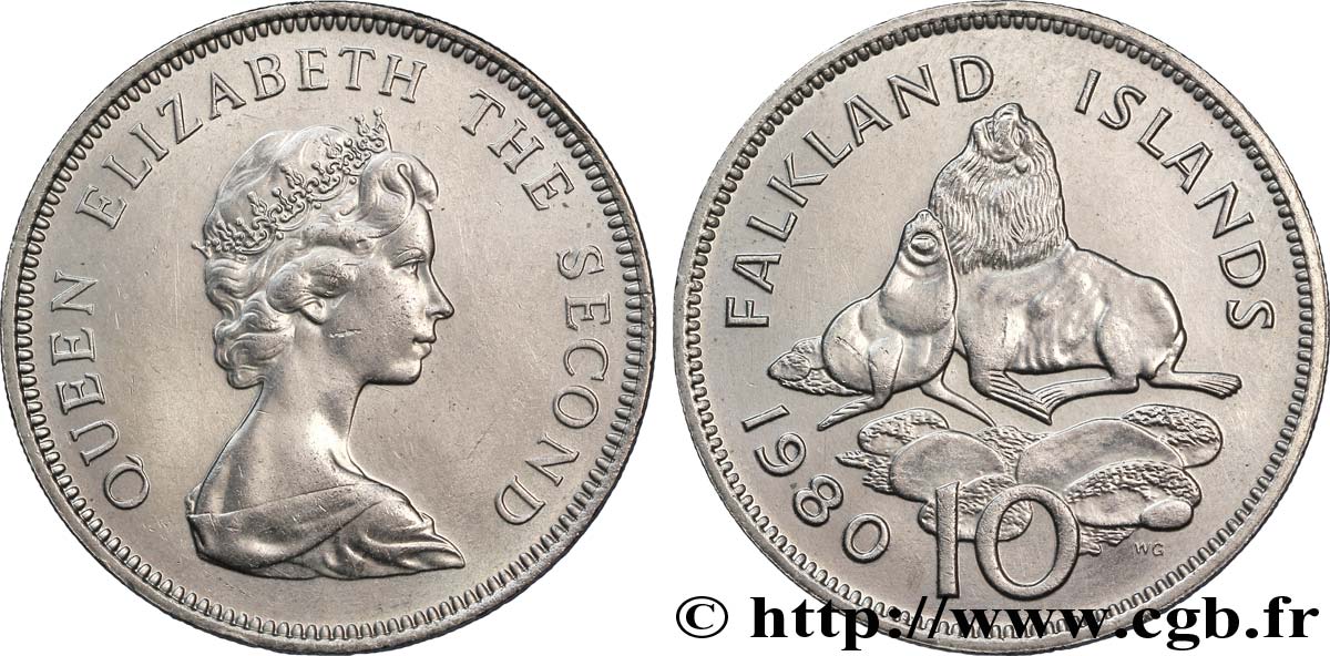 FALKLANDINSELN 10 Pence Elisabeth II / Otaries à fourrure des Falklands 1980  fST 