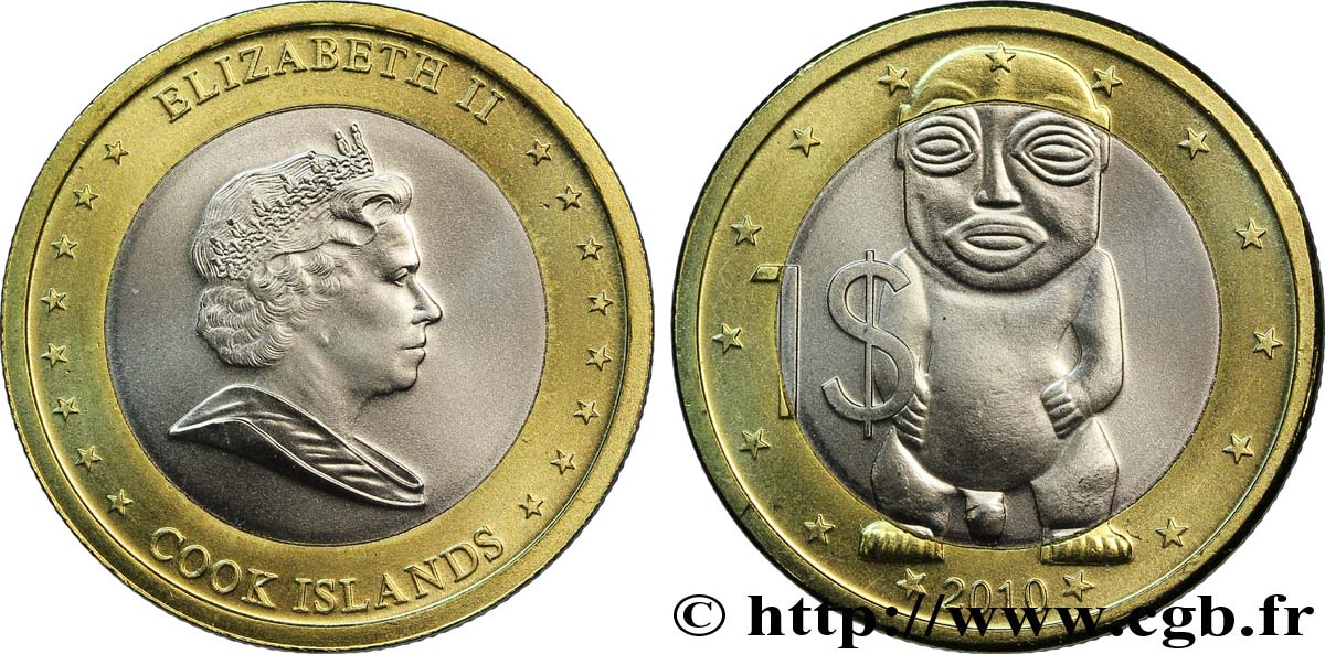 COOK INSELN 1 Dollar Elisabeth II / Statue Tagoroa de face 2010  fST 