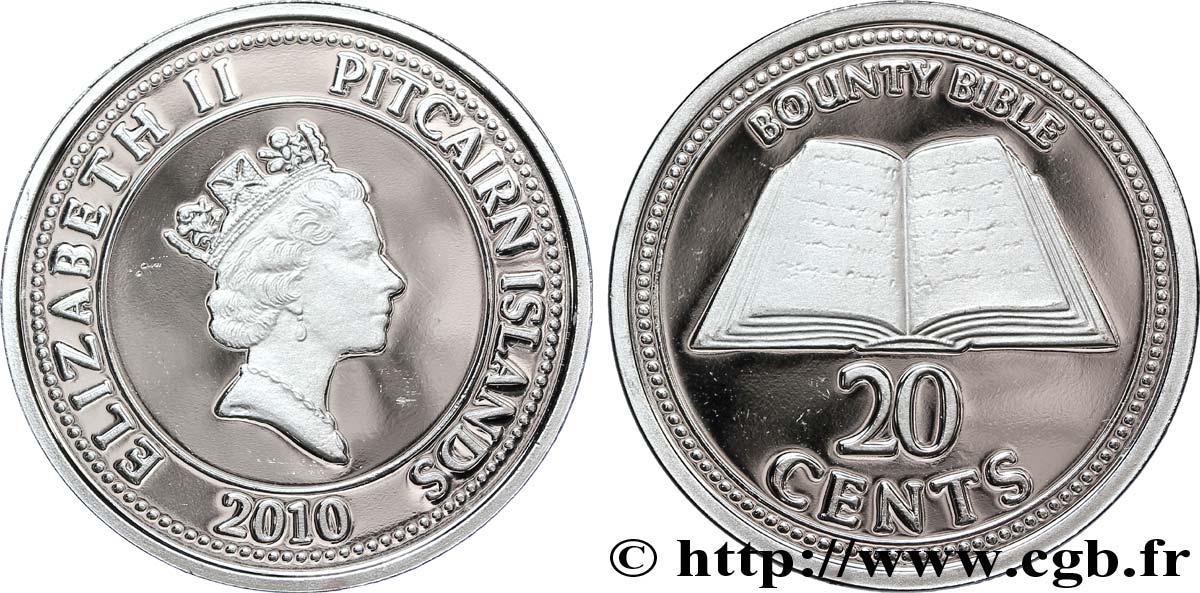 ÎLES PITCAIRN 20 Cents Elisabeth II / bible du Bounty 2010  FDC 