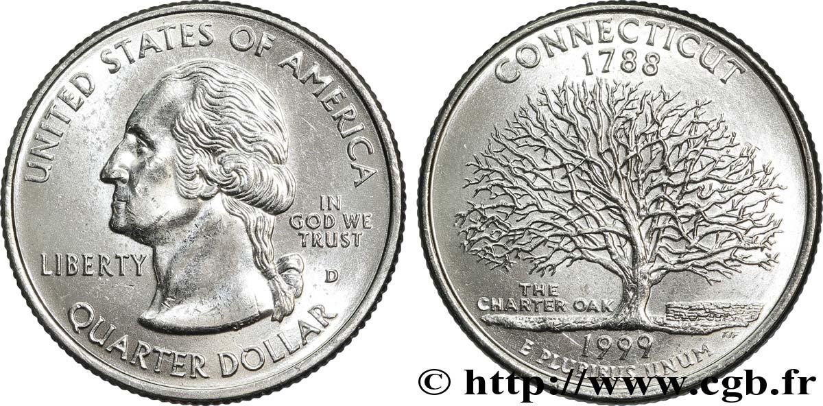 UNITED STATES OF AMERICA 1/4 Dollar Connecticut : chêne  The Charter Oak  1999 Denver MS 