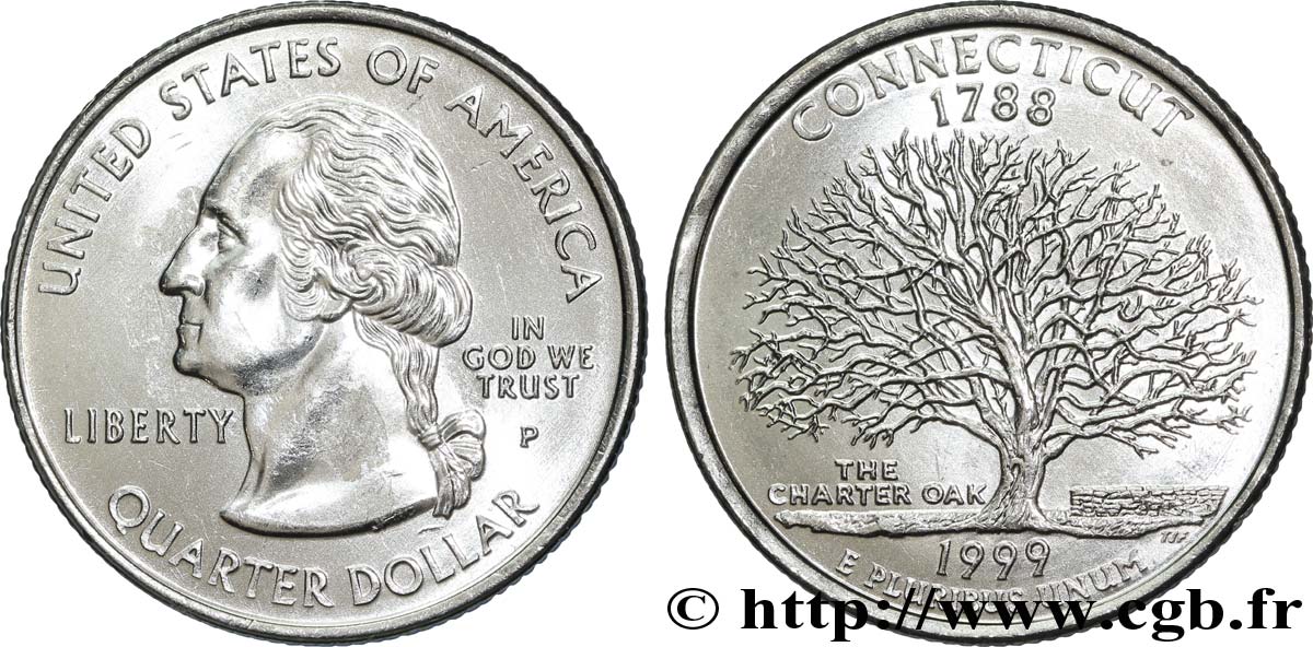 STATI UNITI D AMERICA 1/4 Dollar Connecticut : chêne  The Charter Oak  1999 Philadelphie MS 