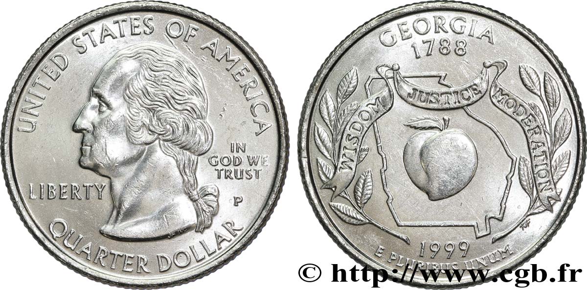 ESTADOS UNIDOS DE AMÉRICA 1/4 Dollar Georgie : pêche et contour de l’état 1999 Philadelphie SC 