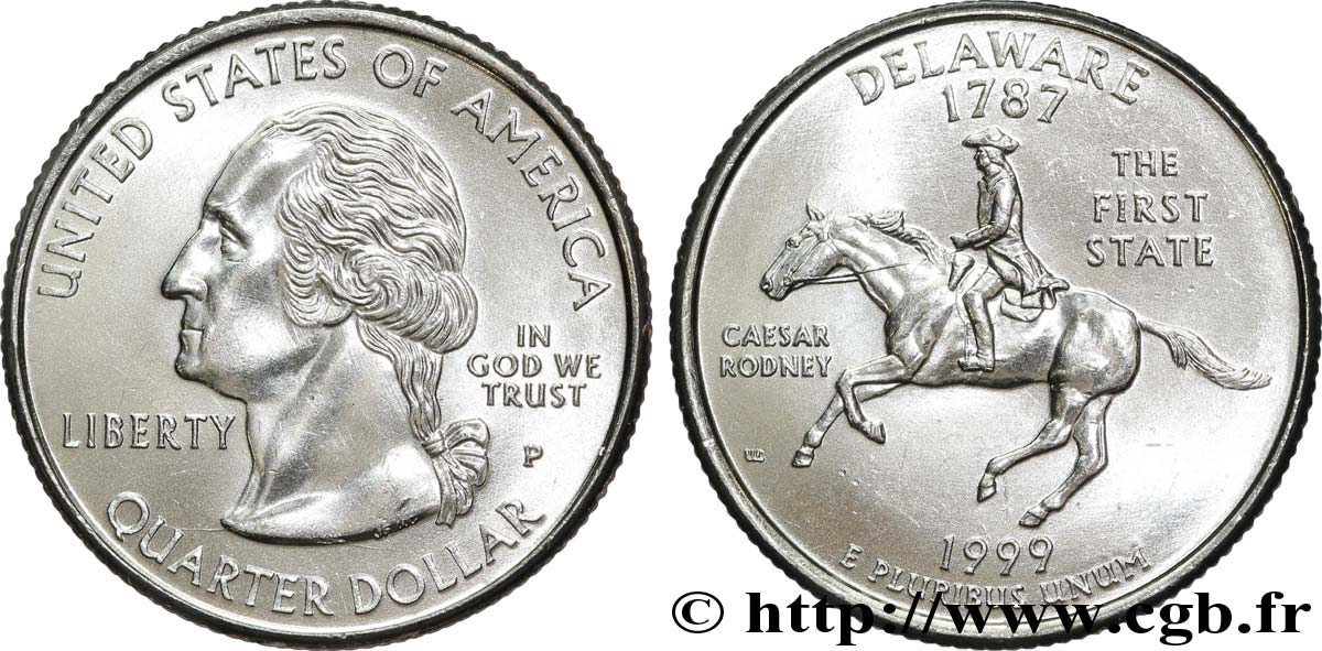 STATI UNITI D AMERICA 1/4 Dollar Delaware : Caesar Rodney à cheval 1999 Philadelphie MS 