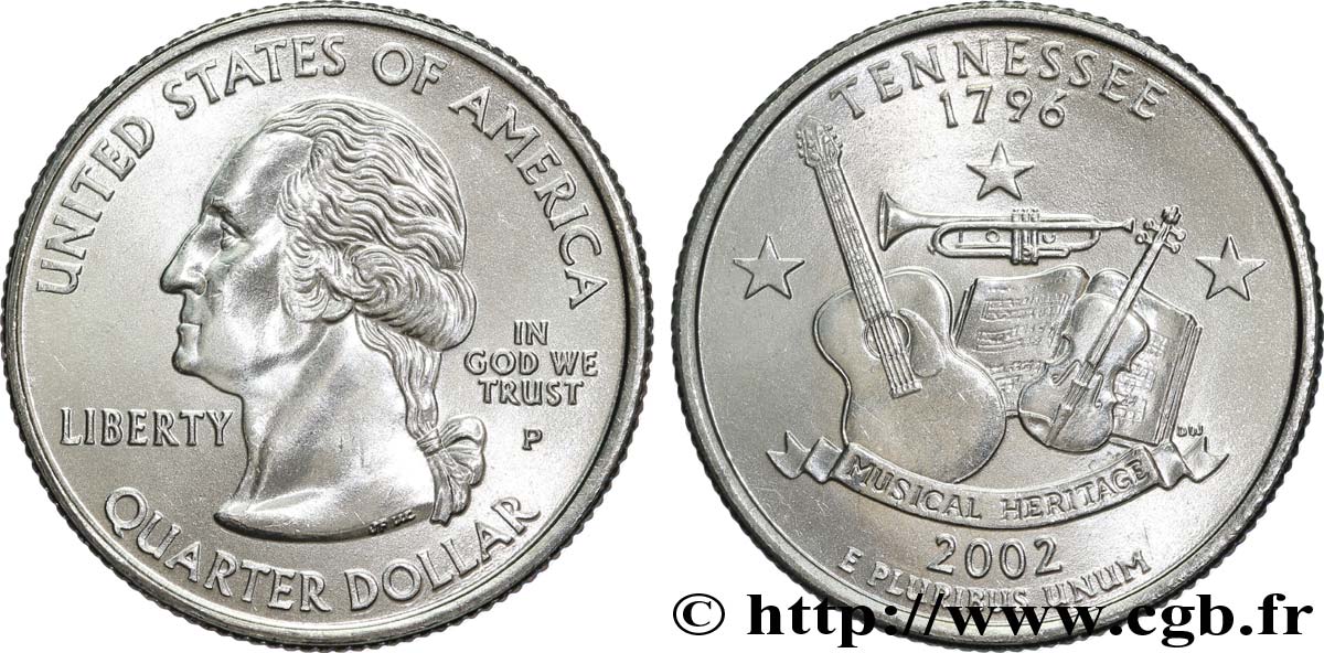 ESTADOS UNIDOS DE AMÉRICA 1/4 Dollar Tennessee :  Musical Heritage  violon, guitare, trompette et partition 2002 Philadelphie SC 
