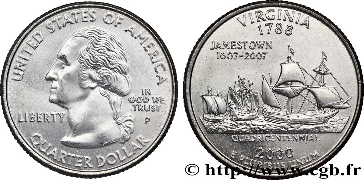UNITED STATES OF AMERICA 1/4 Dollar Virginie : arrivée des navires Susan Constant, Godspeed et Discovery le 12 mai 1607 à Jamestown dans la baie de Chesapeake 2000 Philadelphie MS 