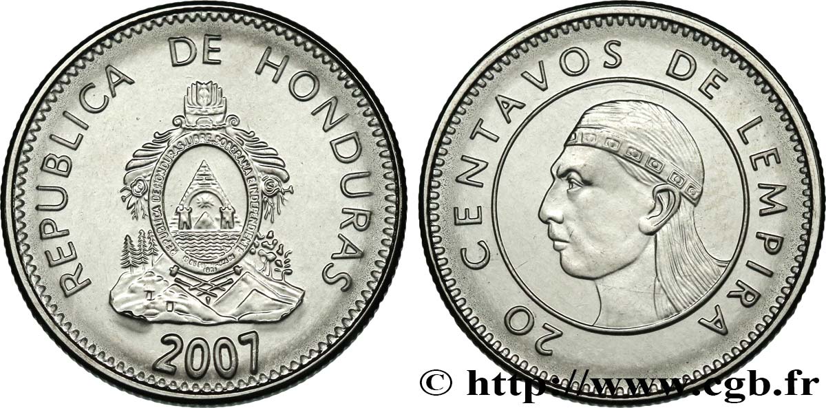 HONDURAS 20 Centavos emblème national / indien Lempira 2007  MS 