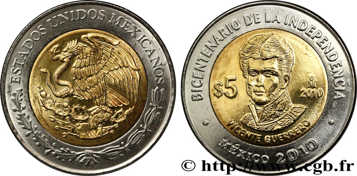 MEXIQUE 5 Pesos Bicentenaire de l’Indépendance : aigle / Vicente Guerrero 2010 Mexico SPL 