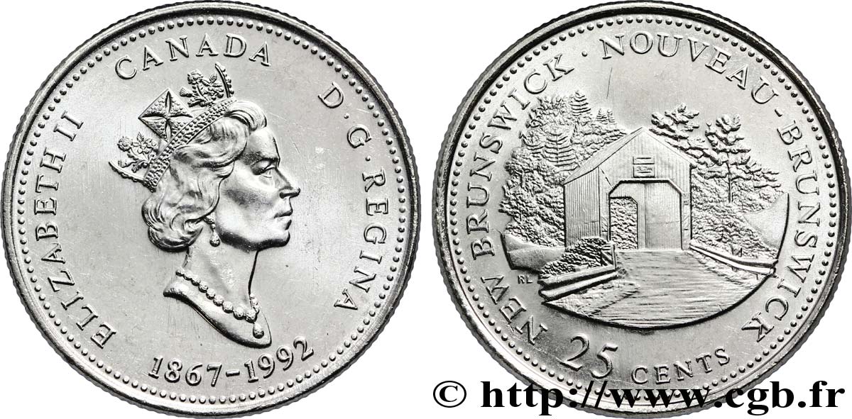 CANADá
 25 Cents 125e anniversaire de la Confédération : Nouveau Brunswick :  Elisabeth II / pont couvert 1992  SC 