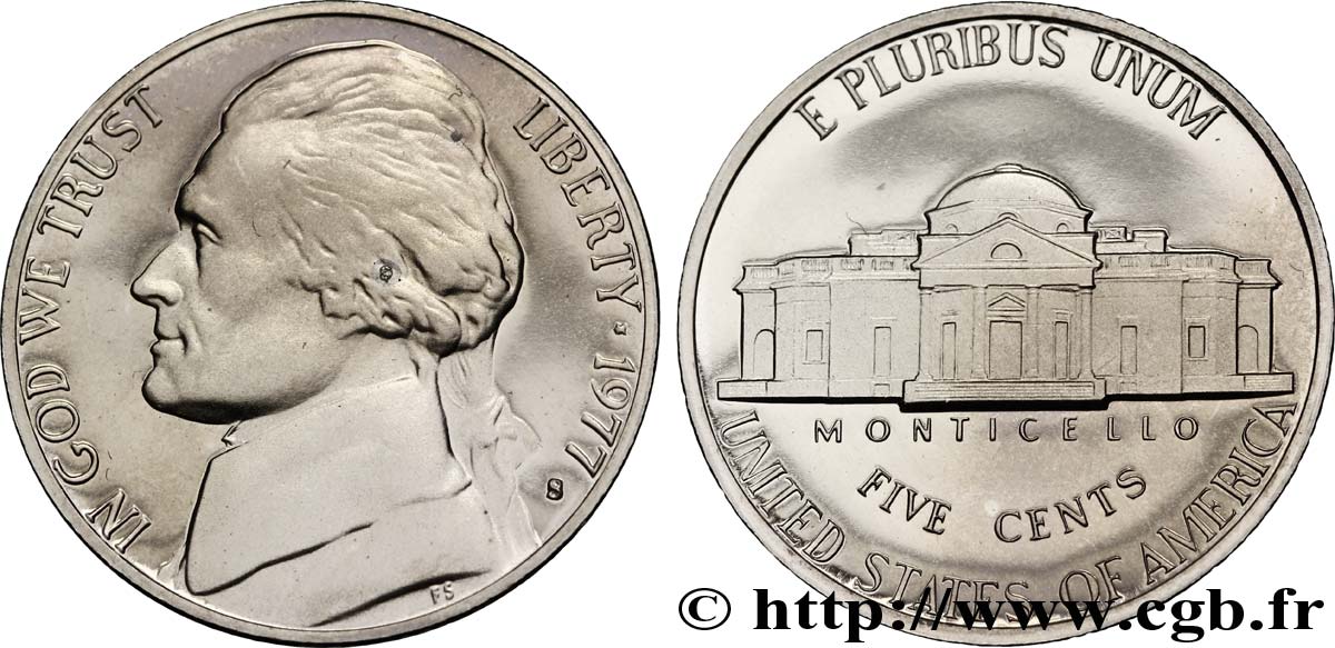 ESTADOS UNIDOS DE AMÉRICA 5 Cents Proof président Thomas Jefferson / Monticello 1977 San Francisco - S SC 