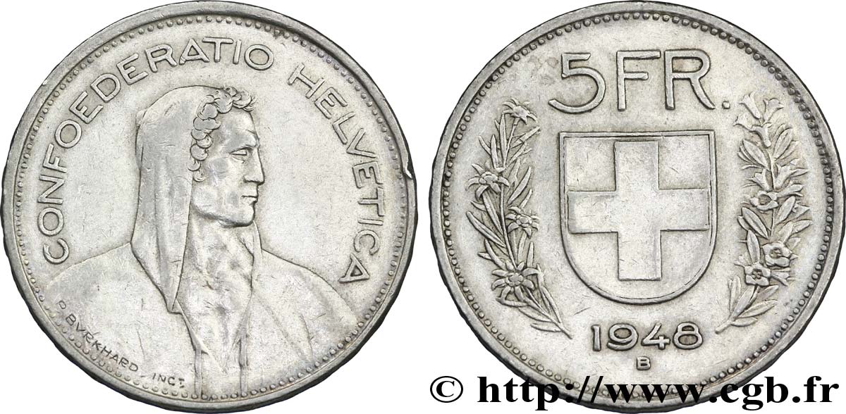 SWITZERLAND 5 Francs Berger des alpes / bouclier suisse 1948 Berne - B XF 