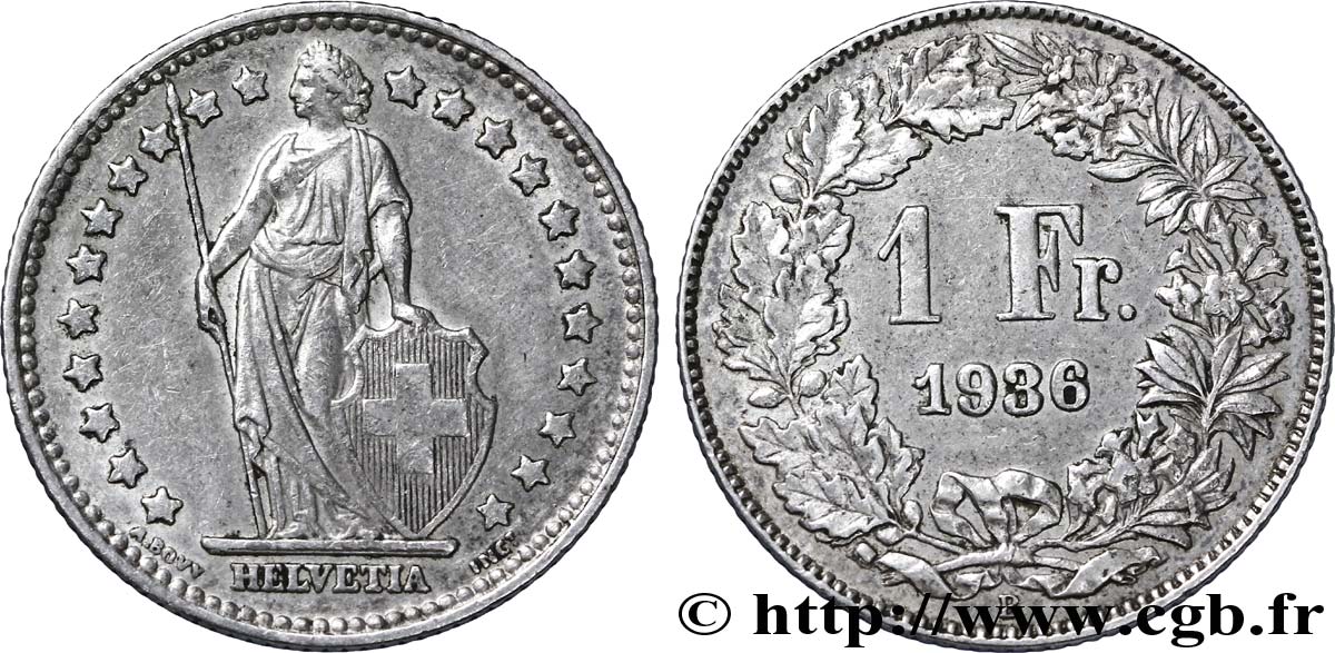 SWITZERLAND 1 Franc Helvetia 1936 Berne - B AU 