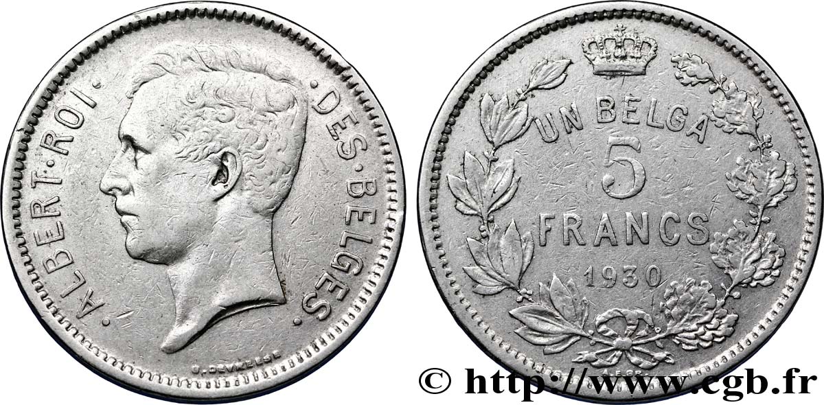 BELGIUM 5 Francs (1 Belga) Albert Ier légende Française 1930  XF 