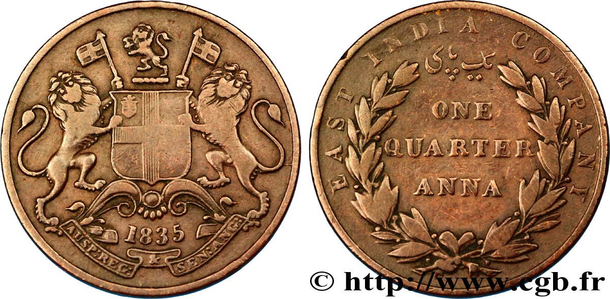 INDIA BRITANNICA 1/4 Anna East India Company 1835 Bombay MB 