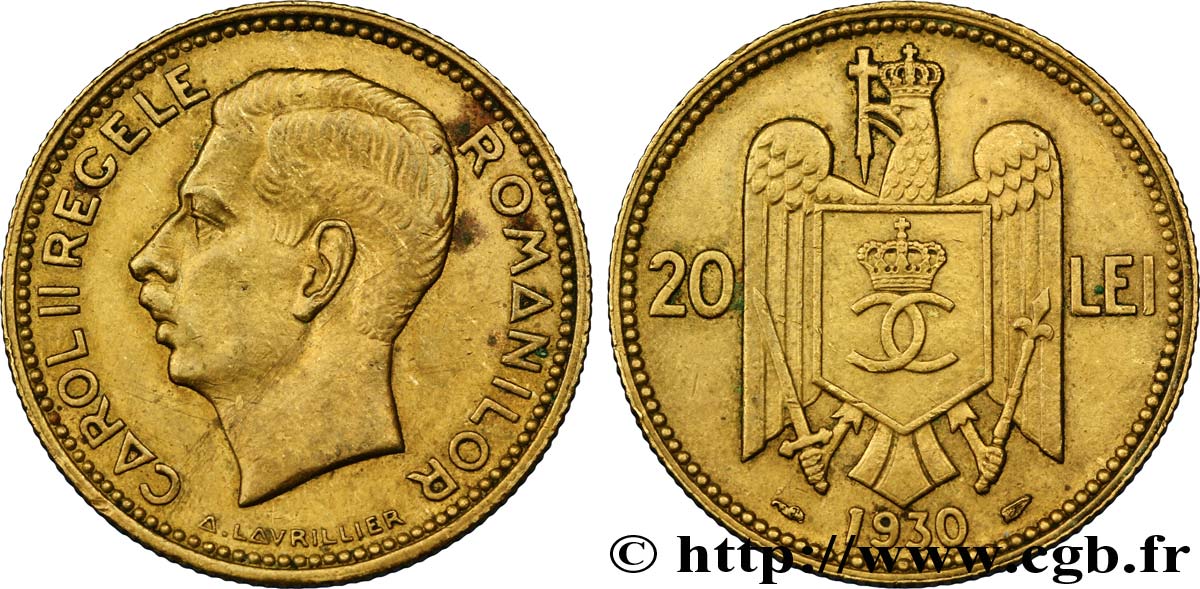 ROMANIA 20 Lei buste du roi Charles II 1930 Paris SPL 