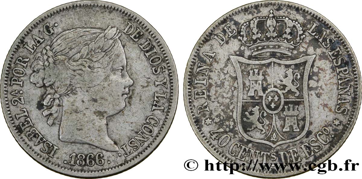 SPANIEN 40 Centimos Isabelle II 1866 Madrid SS 