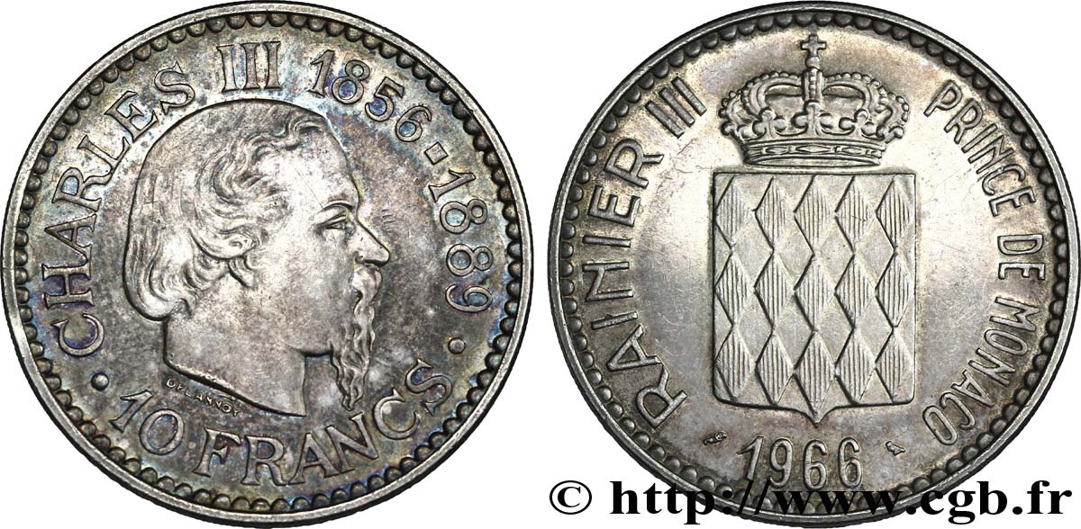 MONACO 10 Francs Charles III / écu couronné 1966 Paris AU 