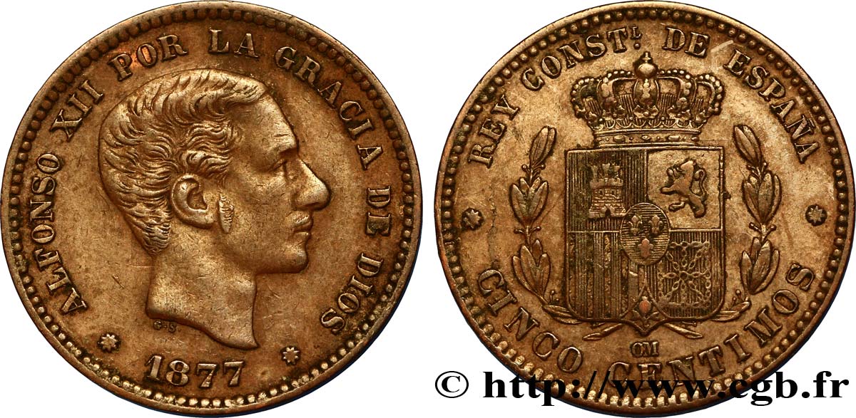 SPANIEN 5 Centimos Alphonse XII / emblème couronné 1877 Oeschger Mesdach & CO VZ 