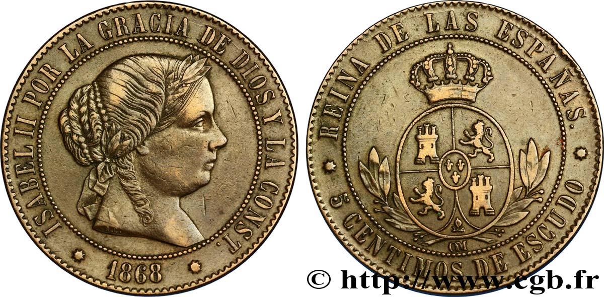 ESPAÑA 5 Centimos de Escudo Isabelle II / écu couronné 1868 Oeschger Mesdach & CO MBC+ 