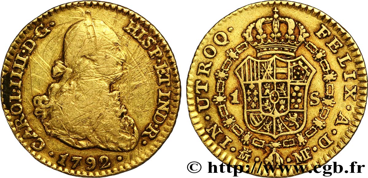 SPAGNA 1 Escudo OR Charles IIII / écu couronné 1792 Madrid MB 