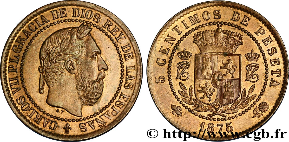 SPANIEN 5 Centimos Charles VII (Charles de Bourbon, prétendant carliste) 1875  VZ 
