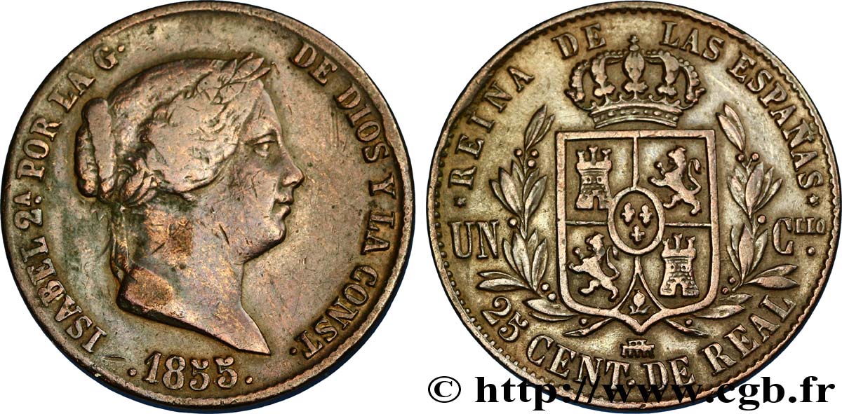 ESPAGNE 25 Centimos de Real (Cuartillo) Isabelle II / écu couronné 1855 Ségovie TB 