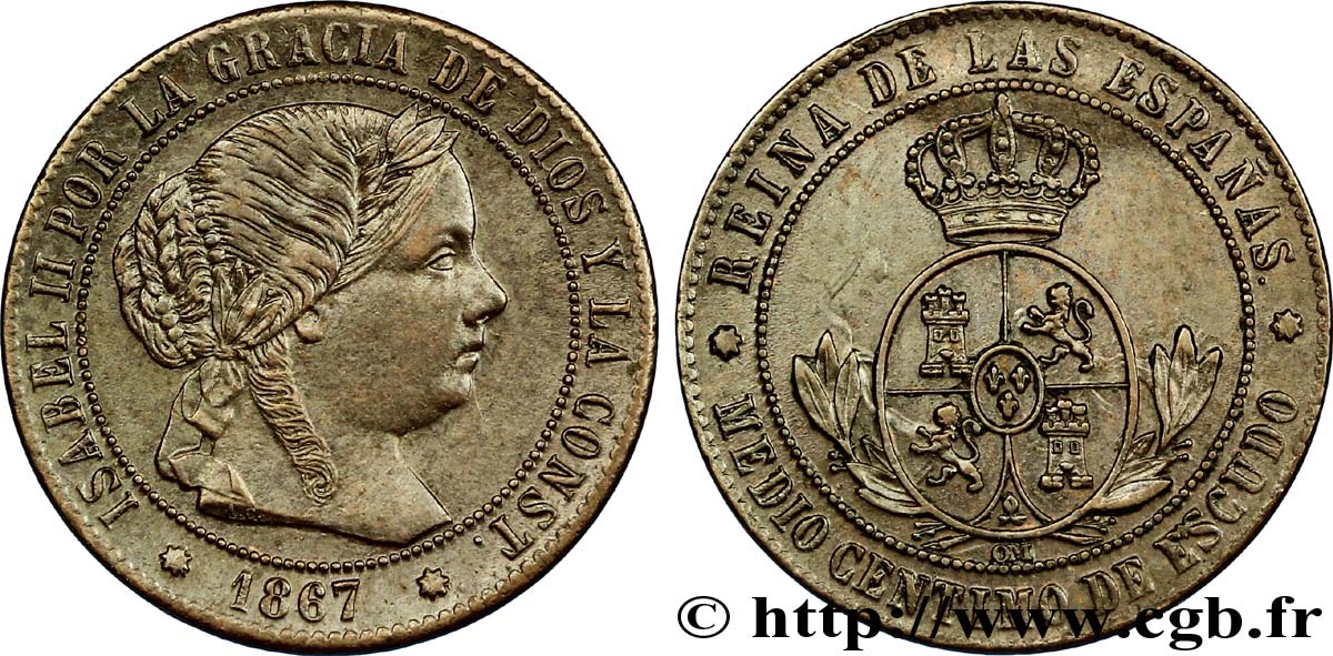 SPANIEN 1/2 (medio) Centimo de Escudo Isabelle II / écu couronné 1867 Oeschger Mesdach & CO VZ 
