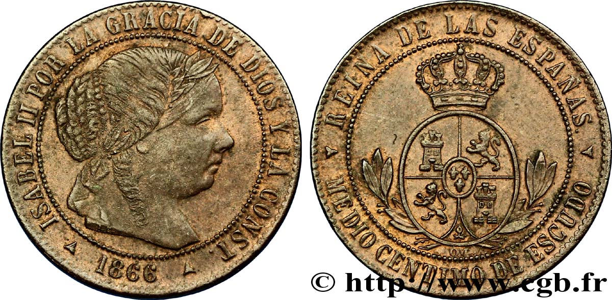 SPANIEN 2 1/2 Centimos de Escudo Isabelle II / écu couronné 1868 Oeschger Mesdach & CO VZ 