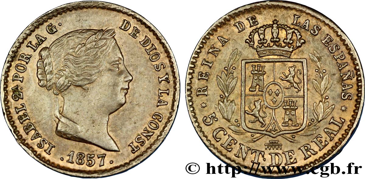 SPAIN 5 Centimos de Real Isabelle II / écu couronné 1857 Ségovie AU 