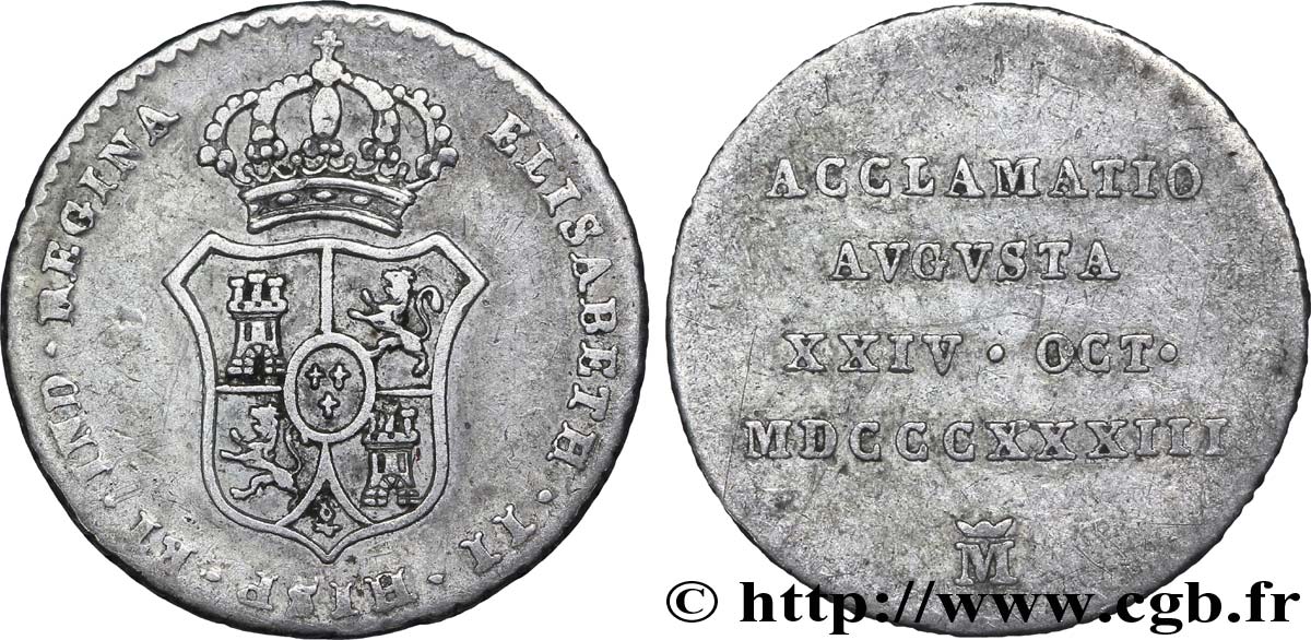 SPAIN 1/2 Real Médaille de proclamation d’Isabelle II 1833 Madrid XF 