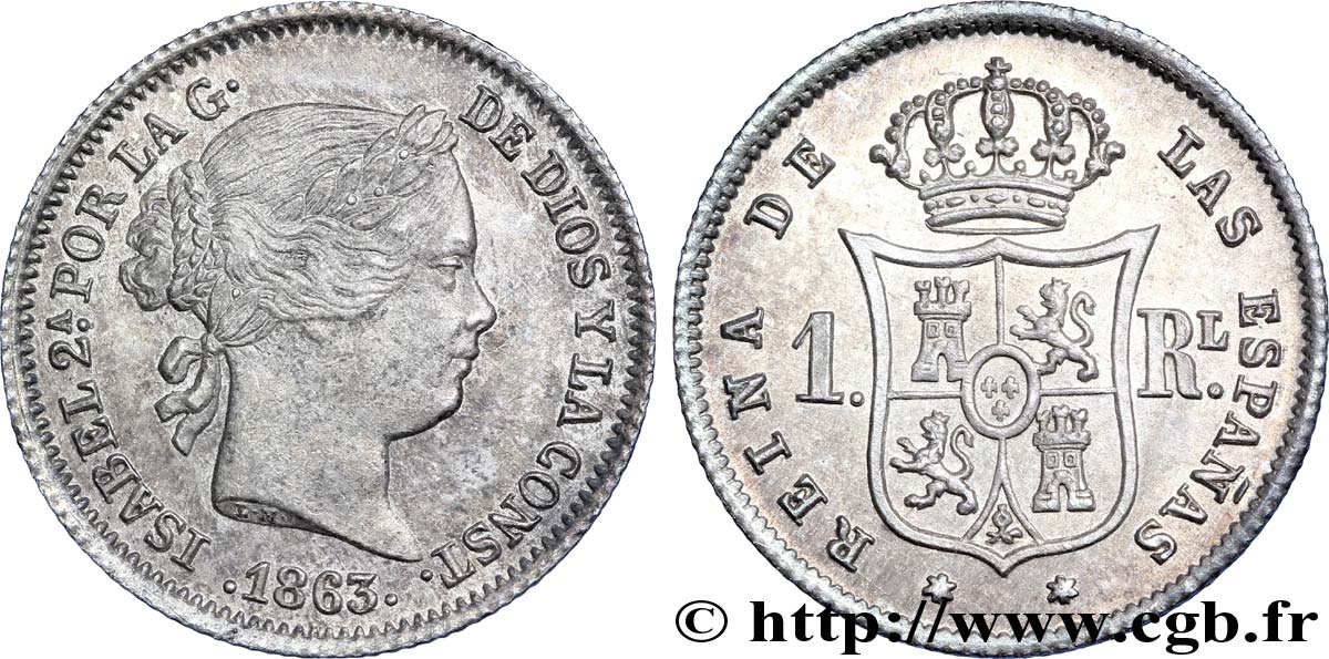 SPAIN 1 Real  Isabelle II / écu couronné 1863 Madrid MS 