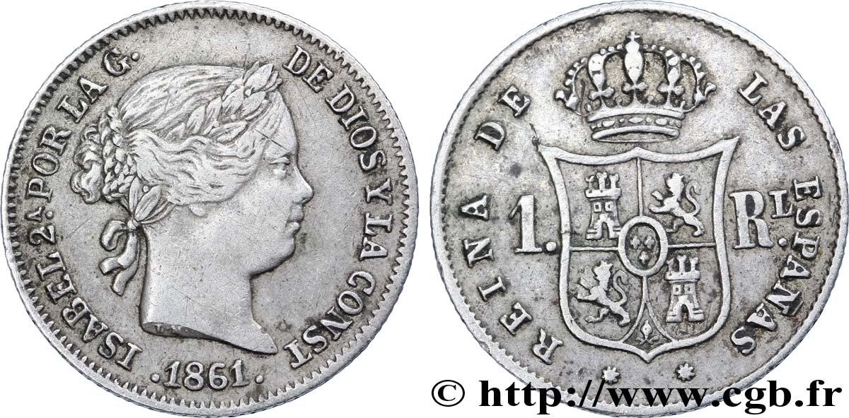 ESPAGNE 1 Real Isabelle II / écu couronné 1861 Madrid TTB 
