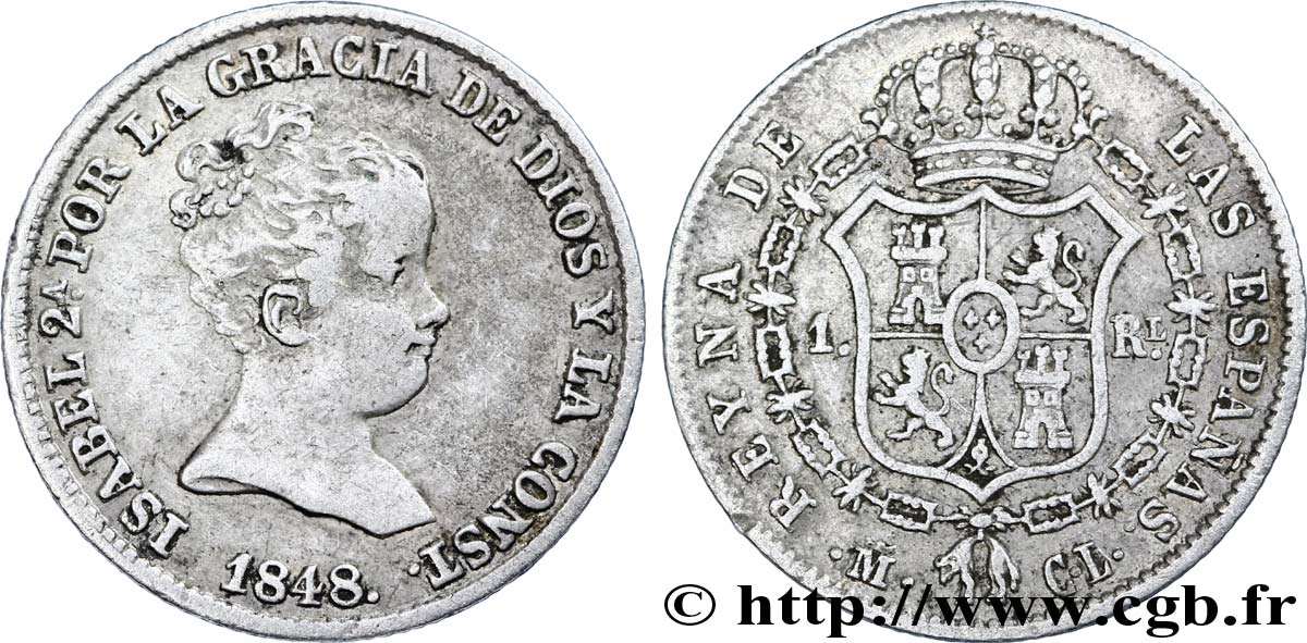 SPAIN 1 Real Isabelle II / écu couronné 1848 Madrid AU 