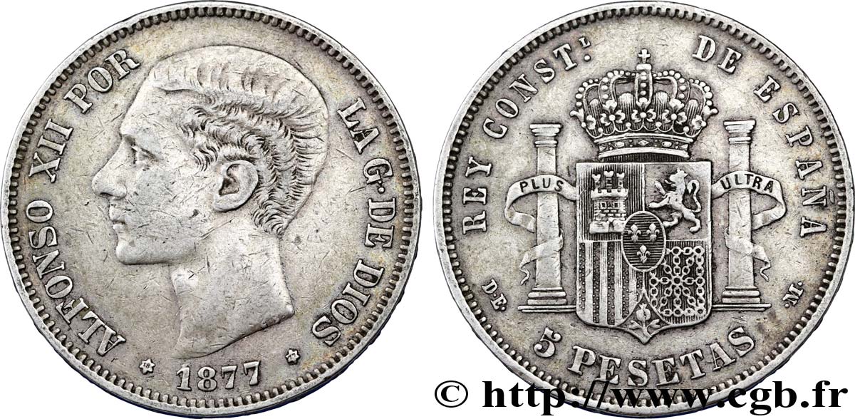 SPAGNA 5 Pesetas Alphonse XII / emblème couronné (1877) D.E. - .M. 1877 Madrid q.BB 