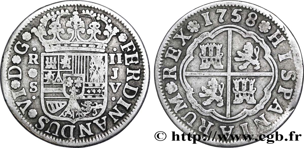 SPAIN 2 Reales au nom de Ferdinand VII 1758 Séville XF 