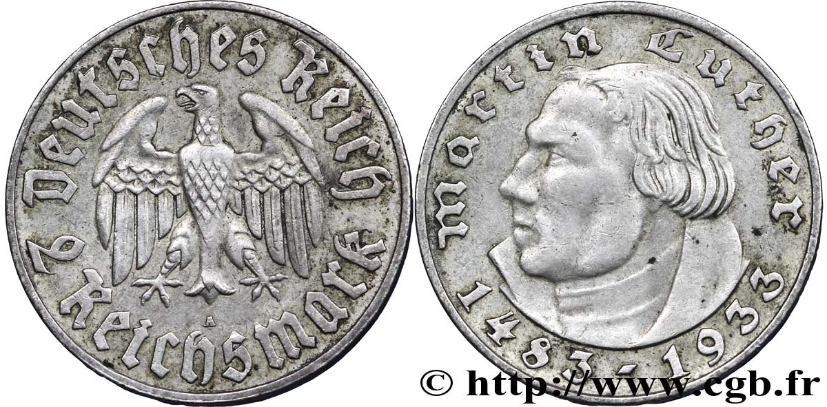 GERMANY 2 Reichsmark Martin Luther / aigle 1933 Berlin AU 