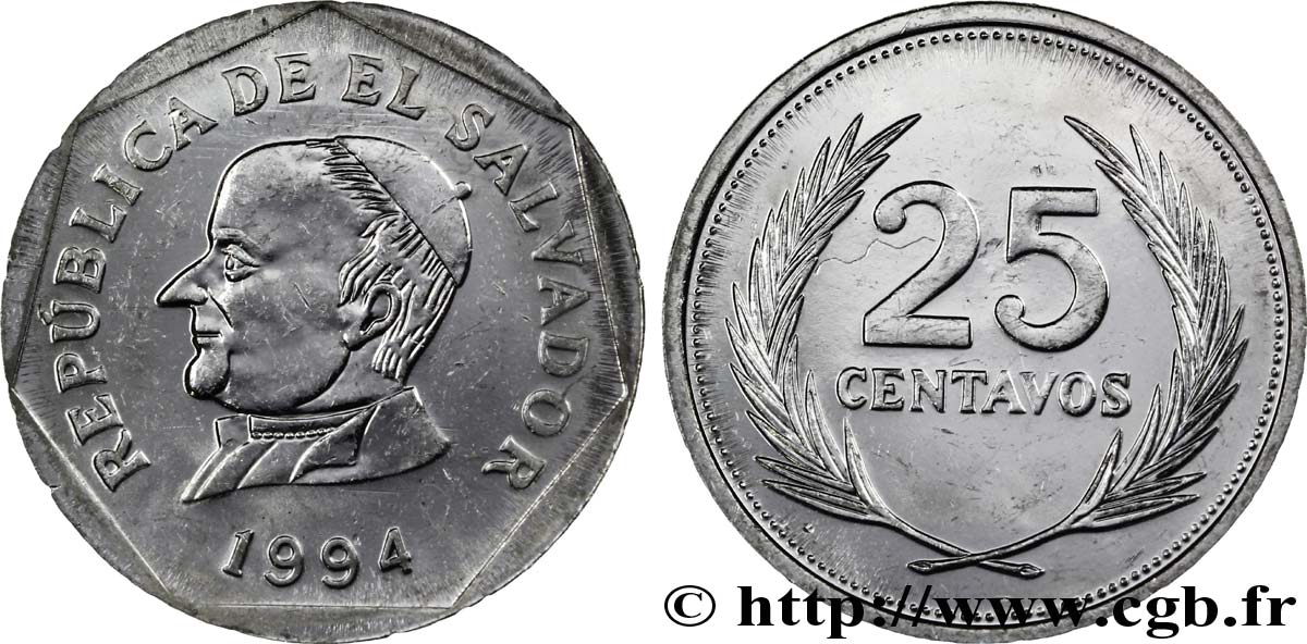 EL SALVADOR 25 Centavos Jose Maria Delgado 1994 Sherrit Mint, Canada SC 