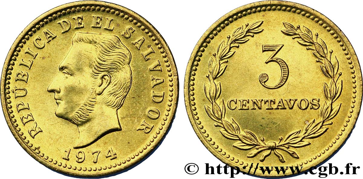 EL SALVADOR 3 Centavos Francisco Morazan 1974 British Royal Mint fST 