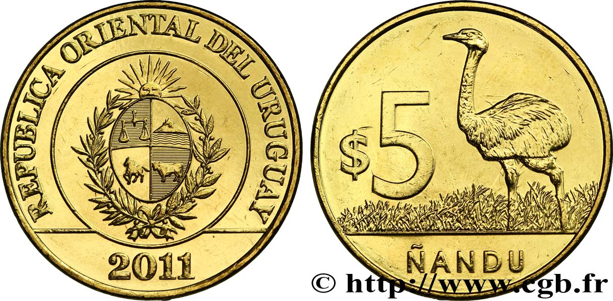 URUGUAY 5 Pesos emblème / Nandu 2011  MS 