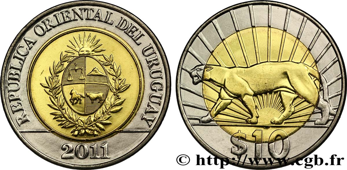 URUGUAY 10 Pesos emblème / puma 2011  SPL 