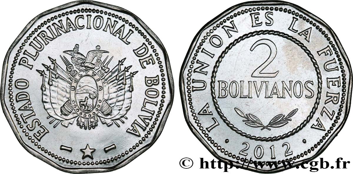 BOLIVIEN 2 Bolivianos emblème 2010  fST 