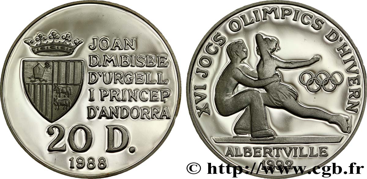 ANDORRA (PRINCIPALITY) 20 Diners Proof  Jeux Olympiques d’hiver d’Alberville 1992 / patinage artistique 1988  MS 