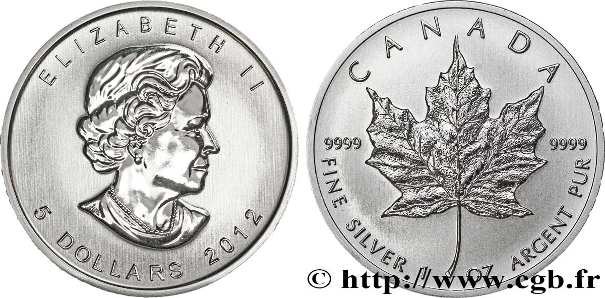 CANADá
 5 Dollars (1 once) Proof feuille d’érable / Elisabeth II 2012  FDC 